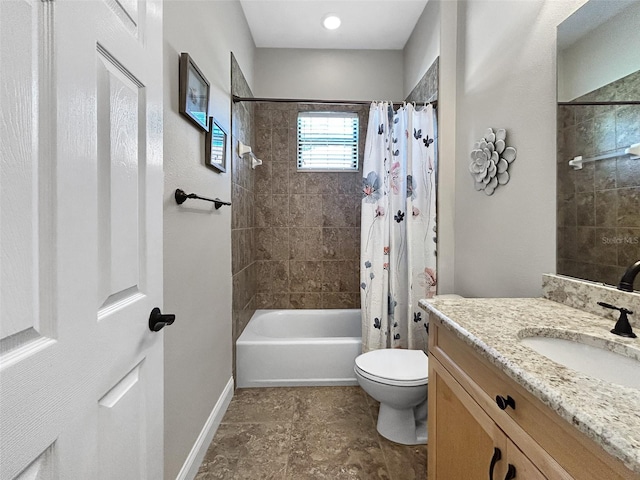 6567 Eagle Ridge Way, Lakeland, FL 33813 - bathroom featuring shower / bathtub combination with curtain, toilet, baseboards, and vanity