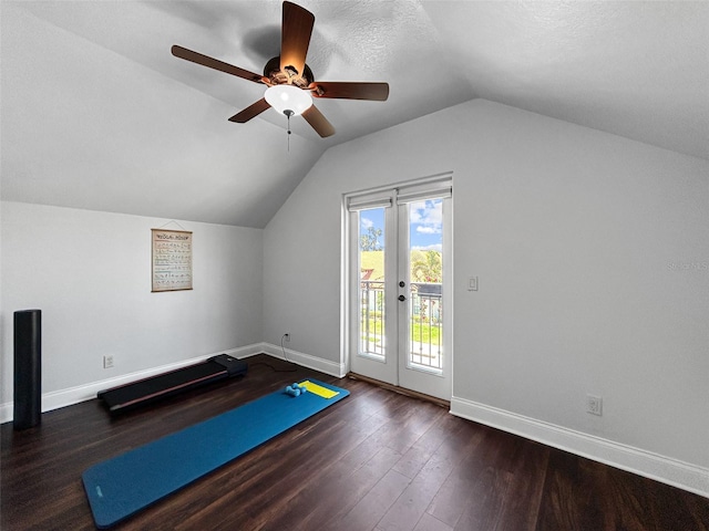 6567 Eagle Ridge Way, Lakeland, FL 33813 - bonus room with lofted ceiling, ceiling fan, baseboards, wood finished floors, and french doors