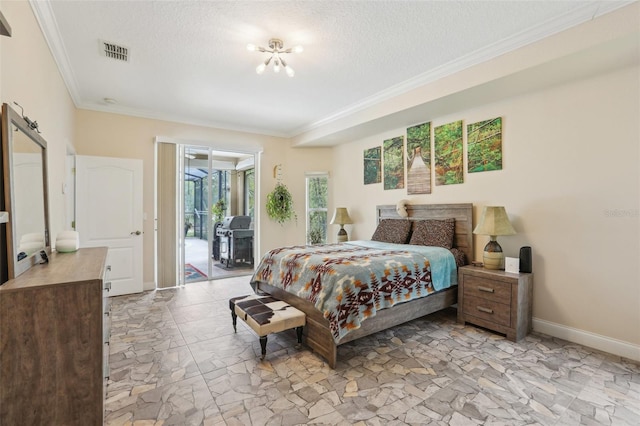bedroom with crown molding, a textured ceiling, access to outside, and visible vents