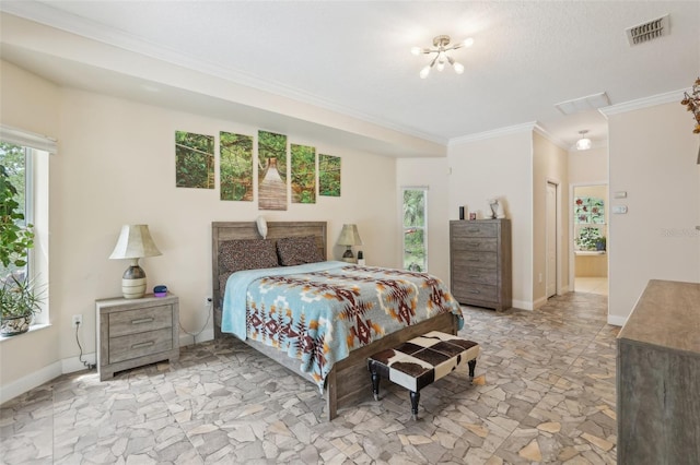 bedroom with stone tile floors, crown molding, baseboards, and visible vents