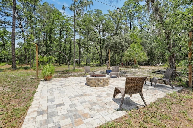 view of patio / terrace featuring a fire pit