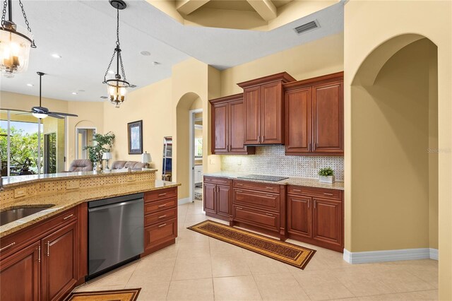 6143 9th Avenue Cir NE, Bradenton, FL 34212 - kitchen featuring stainless steel dishwasher, tasteful backsplash, decorative light fixtures, ceiling fan, and arched walkways
