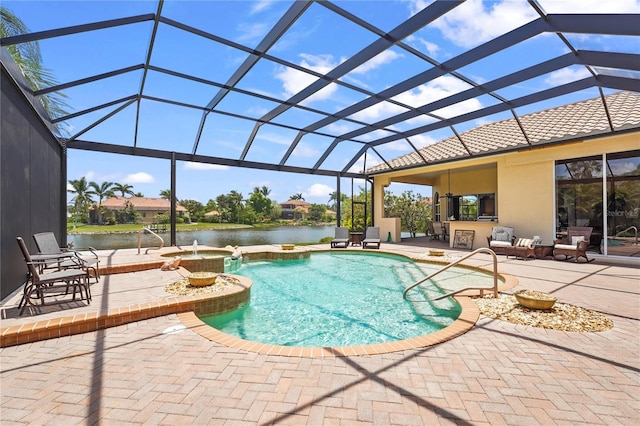 6143 9th Avenue Cir NE, Bradenton, FL 34212 - view of pool with a patio area, a pool with connected hot tub, glass enclosure, a water view, and exterior bar