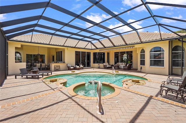 6143 9th Avenue Cir NE, Bradenton, FL 34212 - view of swimming pool with an outdoor living space, a pool with connected hot tub, a patio area, and a lanai