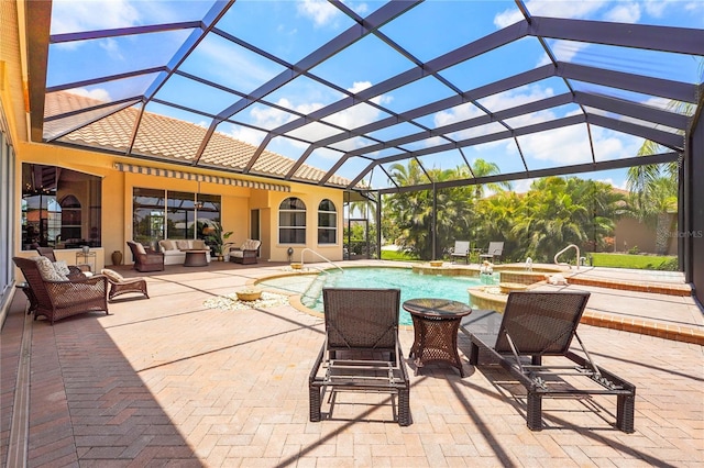 6143 9th Avenue Cir NE, Bradenton, FL 34212 - swimming pool with an outdoor hangout area, a hot tub, a patio, and a lanai