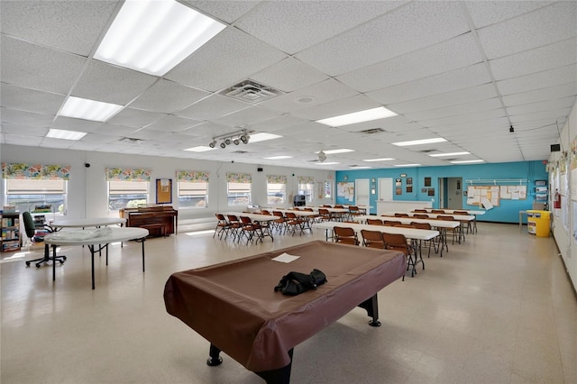 rec room with billiards, visible vents, and a paneled ceiling