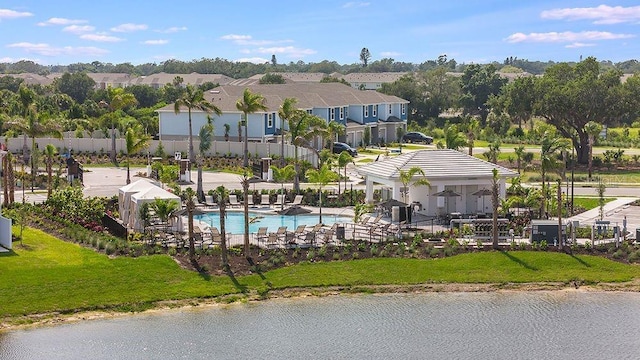 aerial view featuring a water view