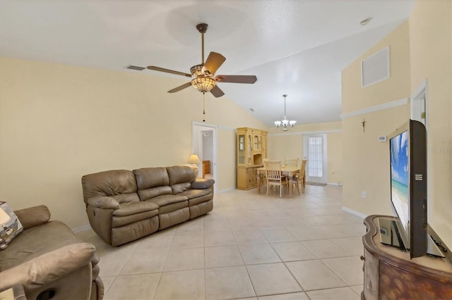 9366 Westminster Ave, Englewood, FL 34224 - living room featuring a ceiling fan, light tile patterned floors, a chandelier, and high vaulted ceiling