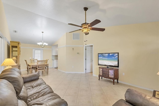 9366 Westminster Ave, Englewood, FL 34224 - living area featuring a chandelier, high vaulted ceiling, a ceiling fan, and light tile patterned floors