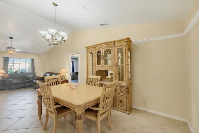 9366 Westminster Ave, Englewood, FL 34224 - dining space with vaulted ceiling, light tile patterned floors, a chandelier, and a ceiling fan