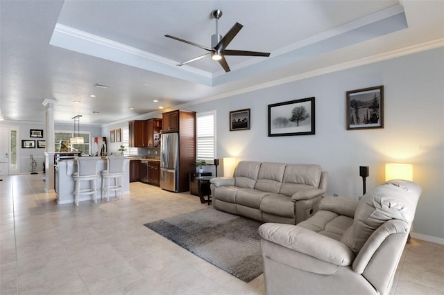 212 River Enclave Ct, Bradenton, FL 34212 - living room with ornamental molding, ceiling fan, a raised ceiling, light tile patterned floors, and recessed lighting