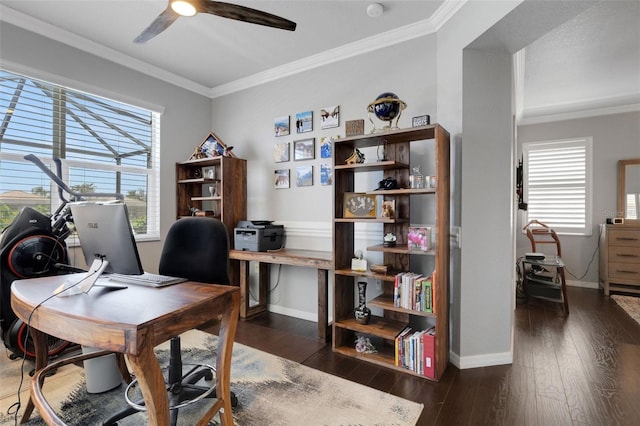 212 River Enclave Ct, Bradenton, FL 34212 - home office with baseboards, a ceiling fan, crown molding, and wood finished floors