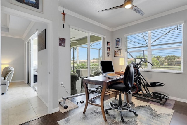 212 River Enclave Ct, Bradenton, FL 34212 - office with ceiling fan, crown molding, and baseboards