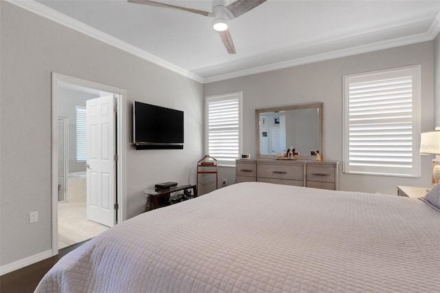 212 River Enclave Ct, Bradenton, FL 34212 - bedroom with ornamental molding, wood finished floors, ceiling fan, and baseboards