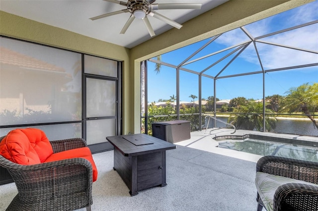 212 River Enclave Ct, Bradenton, FL 34212 - view of patio / terrace featuring ceiling fan, a lanai, an outdoor pool, and a water view
