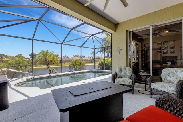 212 River Enclave Ct, Bradenton, FL 34212 - outdoor pool with a ceiling fan, a patio, a water view, and a lanai