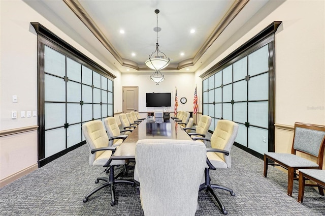 212 River Enclave Ct, Bradenton, FL 34212 - office area with carpet flooring, recessed lighting, a raised ceiling, ornamental molding, and plenty of natural light