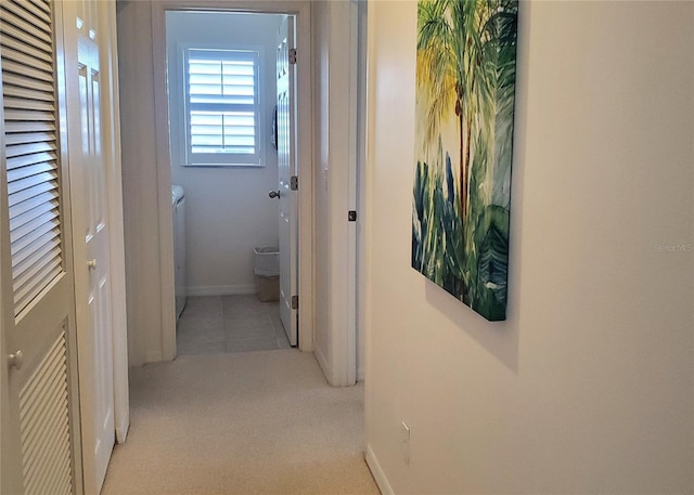 802 Montrose Dr Unit 204, Venice, FL 34293 - hallway with washing machine and dryer, baseboards, and light carpet