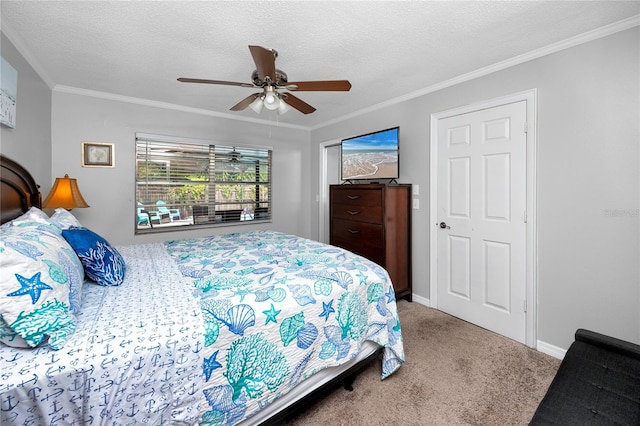 2726 Knoll St E, Palm Harbor, FL 34683 - bedroom with carpet flooring, ornamental molding, a ceiling fan, and a textured ceiling
