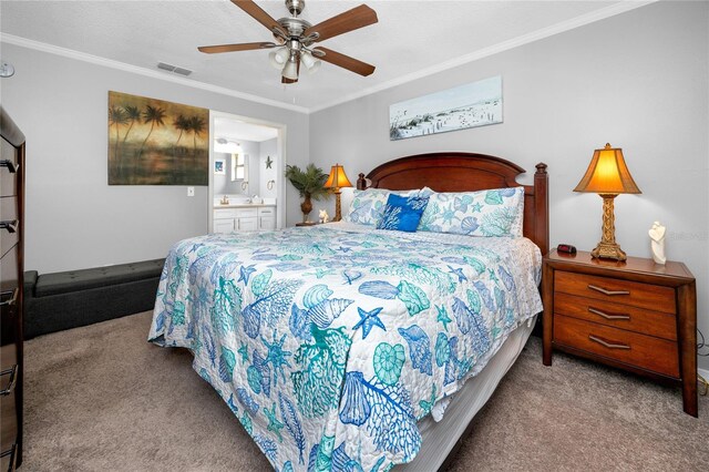 2726 Knoll St E, Palm Harbor, FL 34683 - bedroom with carpet flooring, crown molding, ceiling fan, and connected bathroom