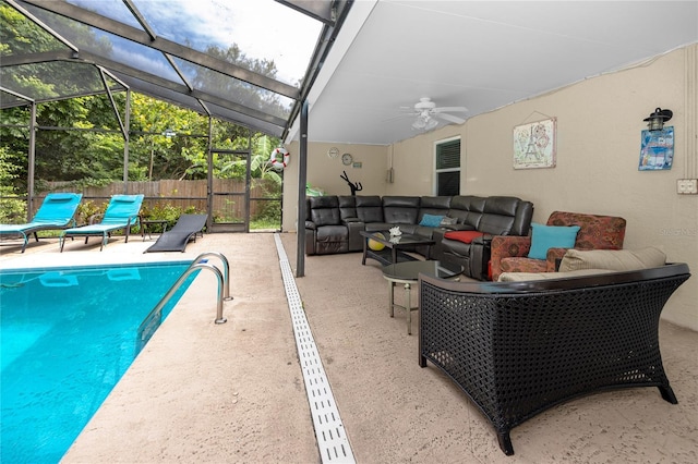 2726 Knoll St E, Palm Harbor, FL 34683 - view of swimming pool with an outdoor hangout area, a patio, a ceiling fan, and a lanai