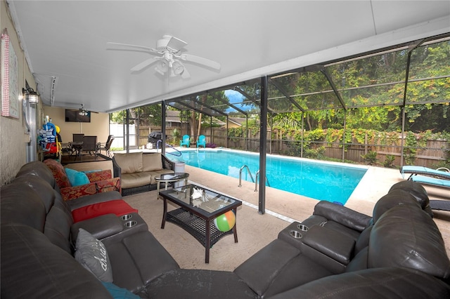 2726 Knoll St E, Palm Harbor, FL 34683 - view of pool with an outdoor hangout area, ceiling fan, a fenced backyard, and a patio