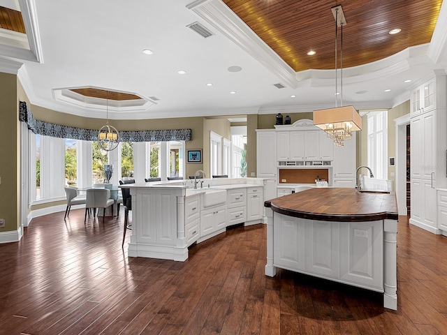 5132 Jungle Plum Rd, Sarasota, FL 34242 - kitchen with a chandelier, a kitchen island with sink, a tray ceiling, a sink, and crown molding