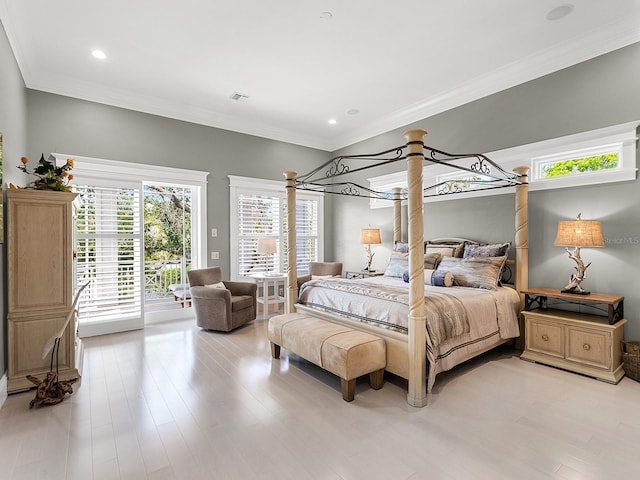 5132 Jungle Plum Rd, Sarasota, FL 34242 - bedroom with access to outside, recessed lighting, light wood-type flooring, and ornamental molding
