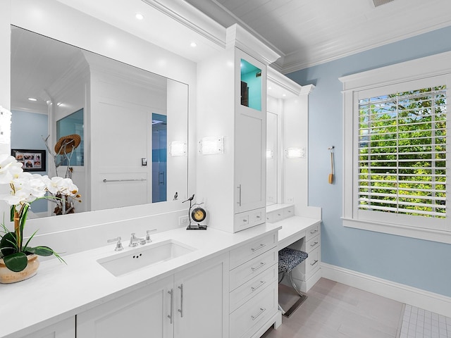 5132 Jungle Plum Rd, Sarasota, FL 34242 - bathroom featuring crown molding, baseboards, and vanity