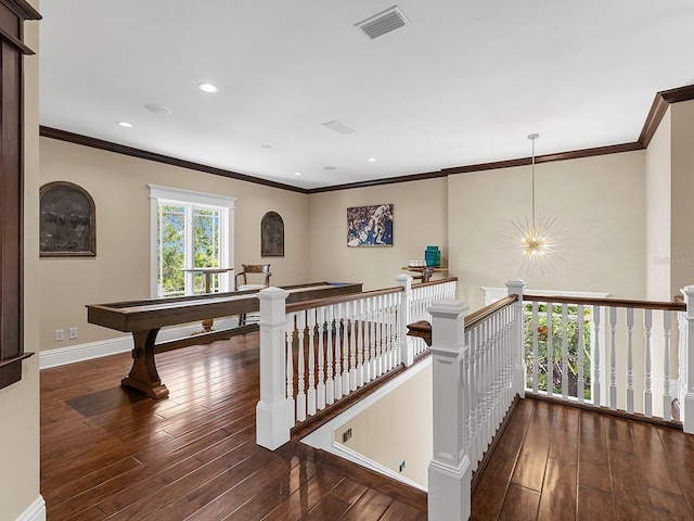 5132 Jungle Plum Rd, Sarasota, FL 34242 - hall with an upstairs landing, wood-type flooring, ornamental molding, baseboards, and recessed lighting