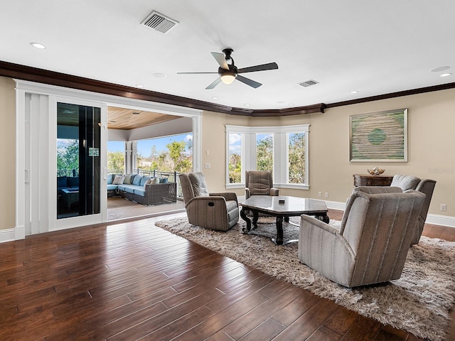 5132 Jungle Plum Rd, Sarasota, FL 34242 - living room featuring ornamental molding, ceiling fan, wood-type flooring, baseboards, and recessed lighting