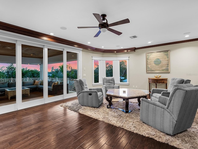 5132 Jungle Plum Rd, Sarasota, FL 34242 - living room featuring a ceiling fan, ornamental molding, wood finished floors, and recessed lighting