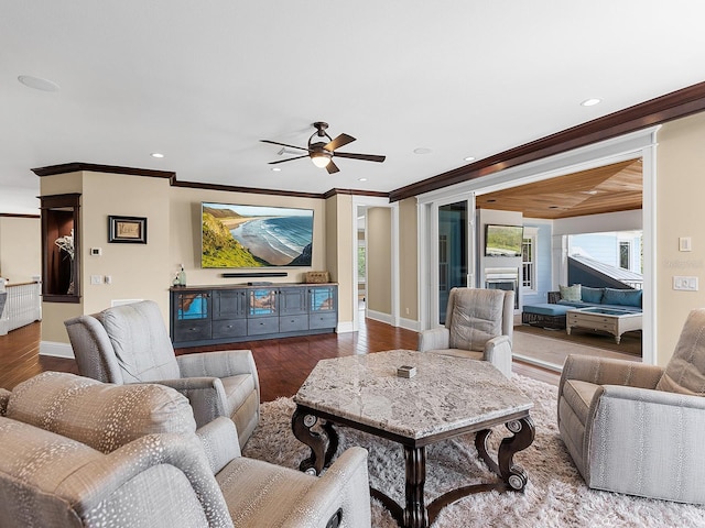 5132 Jungle Plum Rd, Sarasota, FL 34242 - living area with ornamental molding, wood finished floors, a ceiling fan, baseboards, and recessed lighting