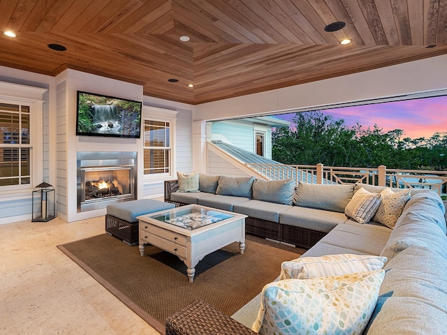 5132 Jungle Plum Rd, Sarasota, FL 34242 - living area with wood ceiling, recessed lighting, a lit fireplace, and ornamental molding