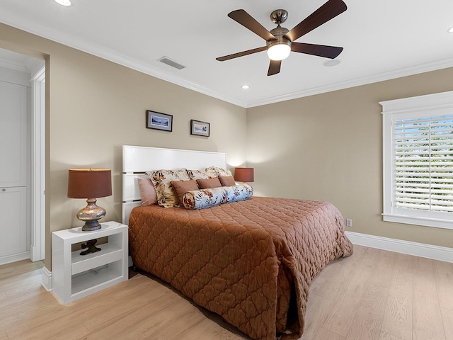 5132 Jungle Plum Rd, Sarasota, FL 34242 - bedroom featuring light wood-type flooring, ornamental molding, baseboards, recessed lighting, and a ceiling fan