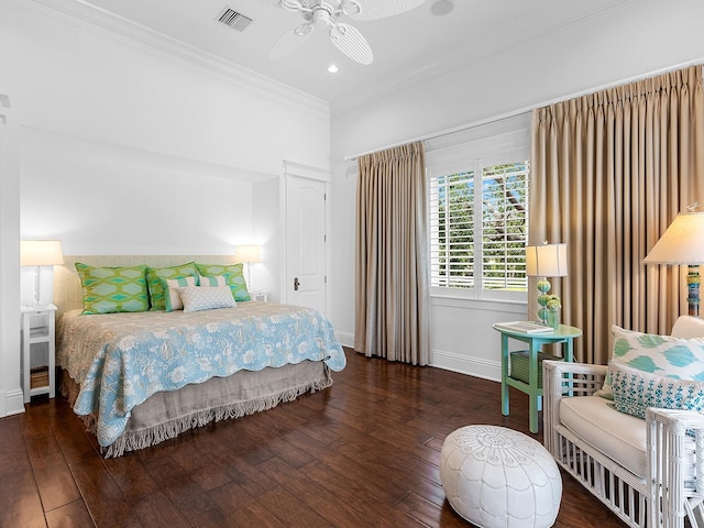 5132 Jungle Plum Rd, Sarasota, FL 34242 - bedroom with hardwood / wood-style floors, ornamental molding, baseboards, ceiling fan, and recessed lighting