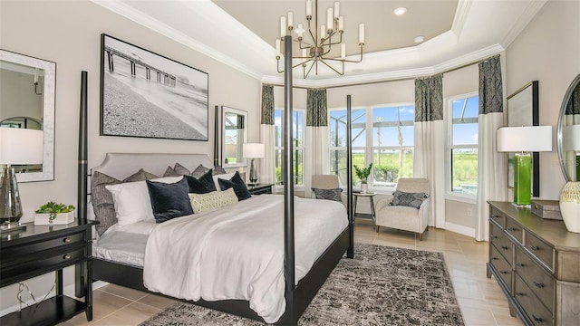 bedroom featuring light tile patterned flooring, an inviting chandelier, a raised ceiling, and ornamental molding
