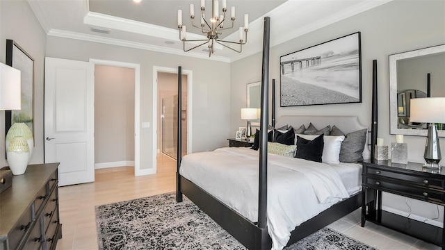 bedroom featuring a notable chandelier, crown molding, visible vents, baseboards, and a raised ceiling