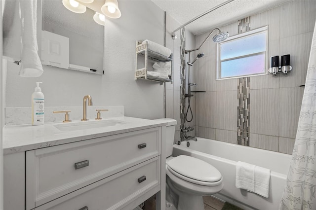 full bathroom with a textured ceiling, shower / bath combo with shower curtain, vanity, and toilet