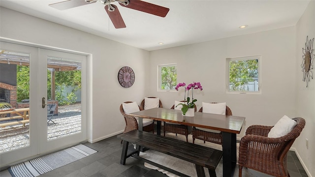 dining area featuring plenty of natural light, a ceiling fan, french doors, baseboards, and recessed lighting
