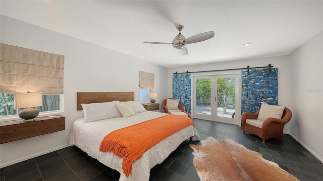 bedroom featuring access to outside, a ceiling fan, baseboards, french doors, and recessed lighting