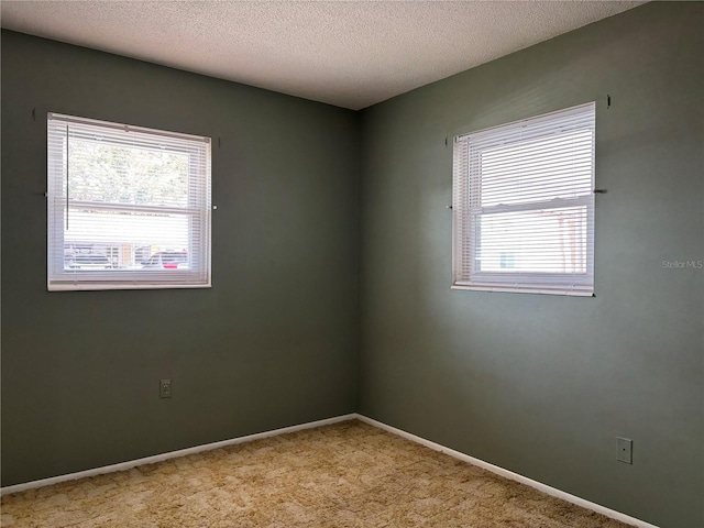 unfurnished room with healthy amount of natural light, light colored carpet, a textured ceiling, and baseboards