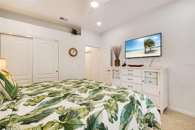 20040 Rookery Dr, Estero, FL 33928 - bedroom with light carpet, a closet, baseboards, and ceiling fan
