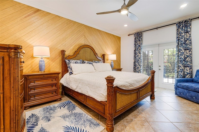 20040 Rookery Dr, Estero, FL 33928 - bedroom featuring access to outside, ornamental molding, french doors, wood walls, and ceiling fan