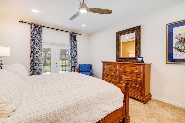 20040 Rookery Dr, Estero, FL 33928 - bedroom with access to exterior, french doors, ornamental molding, baseboards, and ceiling fan