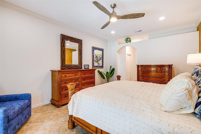 20040 Rookery Dr, Estero, FL 33928 - bedroom with arched walkways, ornamental molding, recessed lighting, baseboards, and a ceiling fan