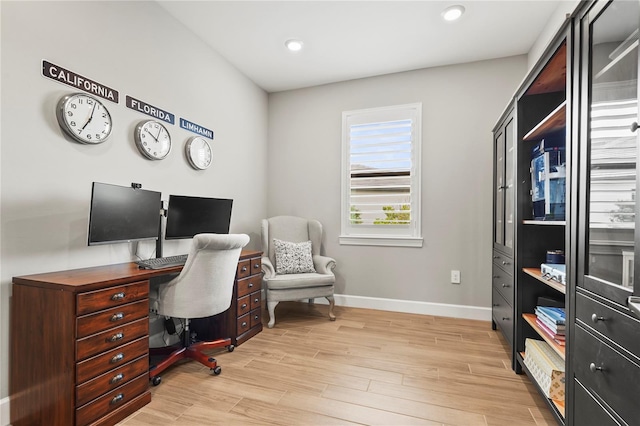 16226 Hidden Oak Loop, Bradenton, FL 34211 - home office with baseboards, light wood-type flooring, and recessed lighting