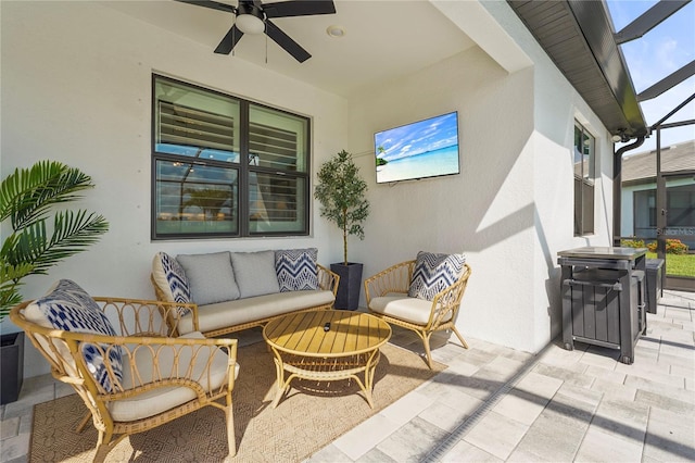 16226 Hidden Oak Loop, Bradenton, FL 34211 - view of patio / terrace with an outdoor living space, ceiling fan, and a lanai