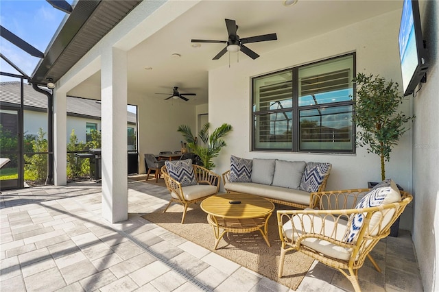 16226 Hidden Oak Loop, Bradenton, FL 34211 - view of patio / terrace featuring an outdoor hangout area, ceiling fan, and glass enclosure