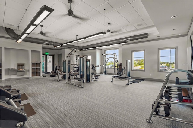 16226 Hidden Oak Loop, Bradenton, FL 34211 - exercise room with carpet flooring, a ceiling fan, and baseboards